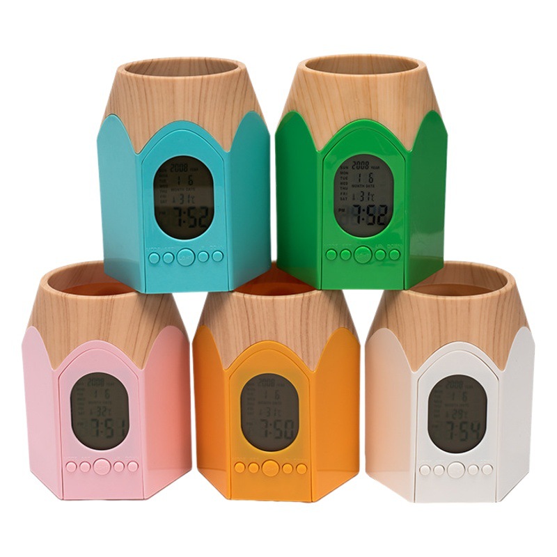 Nuevo calendario titular de la pluma reloj de alarma de escritorio Oficina lápiz de almacenamiento titular de la pluma reloj de alarma creativo pequeño regalo retroiluminación reloj de alarma