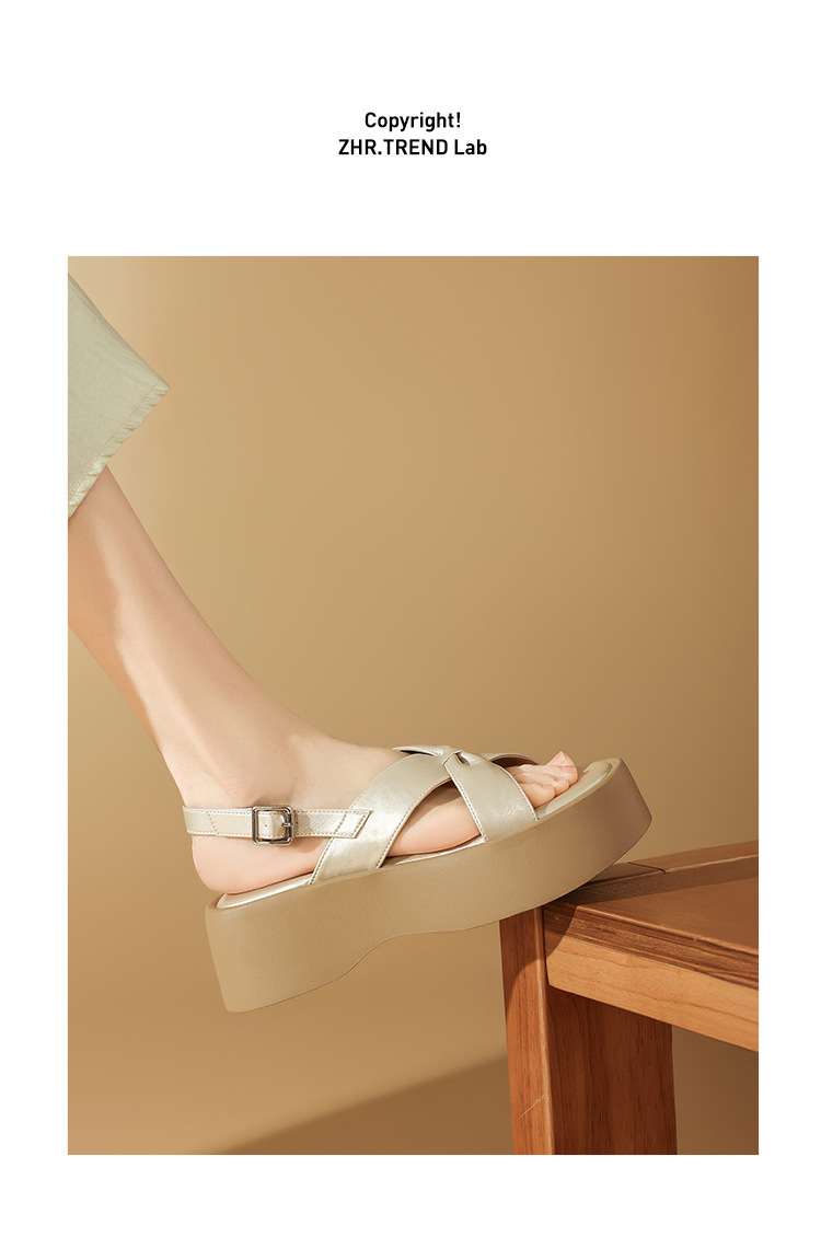 Sandal đế dày nữ phong cách La Mã, tăng chiều cao, đi biển dạo phố — KN332 Màu sâm banh chi tiết 16