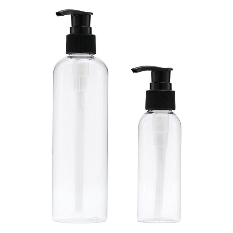 Botella de bomba de presión de rayas negras de 100ml Botella de loción de hombro redonda transparente de 200ml Botella secundaria cosmética Xumin en stock