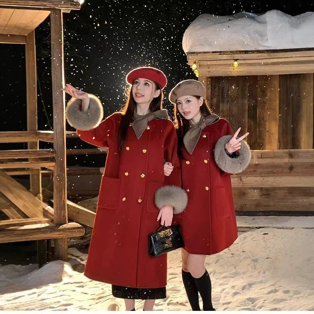 2025 новый тысячелетний бант 2024 новый двухсторонний шерстяной пальто женский лисий мех длинное пальто осень-зима