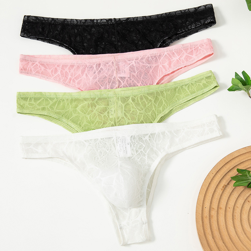 Men's bikini briefs, semi-coverage, low-rise, sexy lace, narrow edge, semi-transparent, hollowed-out triangle underwear for men Men's bikini briefs, semi-coverage, low-rise, sexy lace, narrow edge, semi-transparent, hollowed-out triangle underwear for men