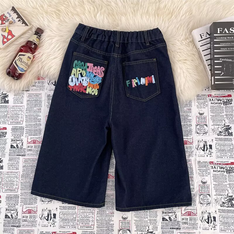 American Retro Colorful Letter Print Cropped Pants Men's Summer New High Street Straight Casual Denim Shorts Breeches