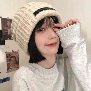 Autumn and winter New Hat Women's patch ear protection wool hat versatile face-looking small warm knitted hat big head circumference casual hat