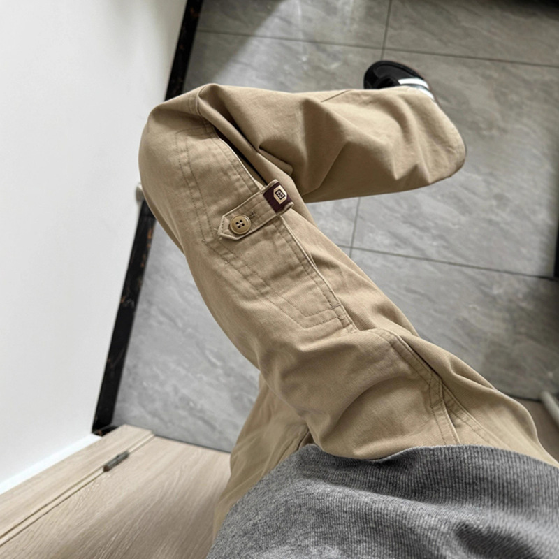 Khaki Straight-Leg Cargo Pants for Men and Women, American-Style Button Design, Casual Pants for Petite Individuals, Outdoor Hiking Pants