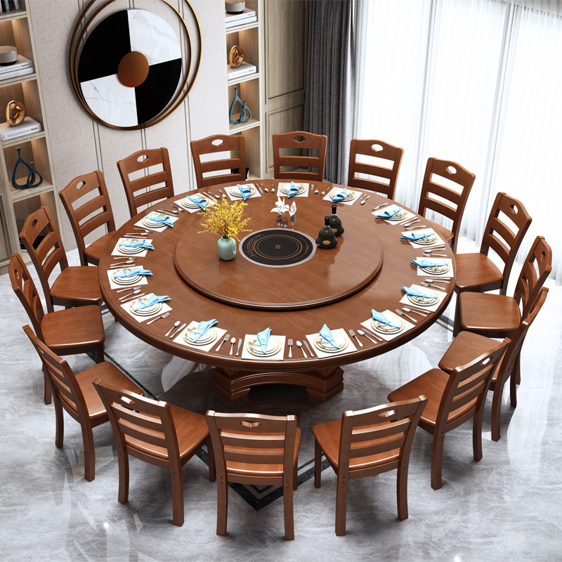 Solid Wood full set round dining table and chair combination Chinese household restaurant restaurant large round table economical rotating table Solid Wood full set round dining table and chair combination Chinese household restaurant restaurant large round table economical rotating table
