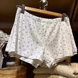 BM风 女装夏季三粒扣松紧腰蓝色碎花家居高腰短裤休闲裤