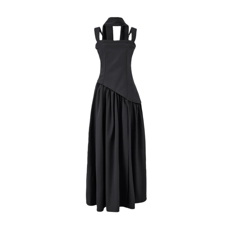 European American Style Scarf-strap Dress For Women, With A Stylish Sexy High Slit, Waist-cinching, Pleated, And Long_ecoleips.com