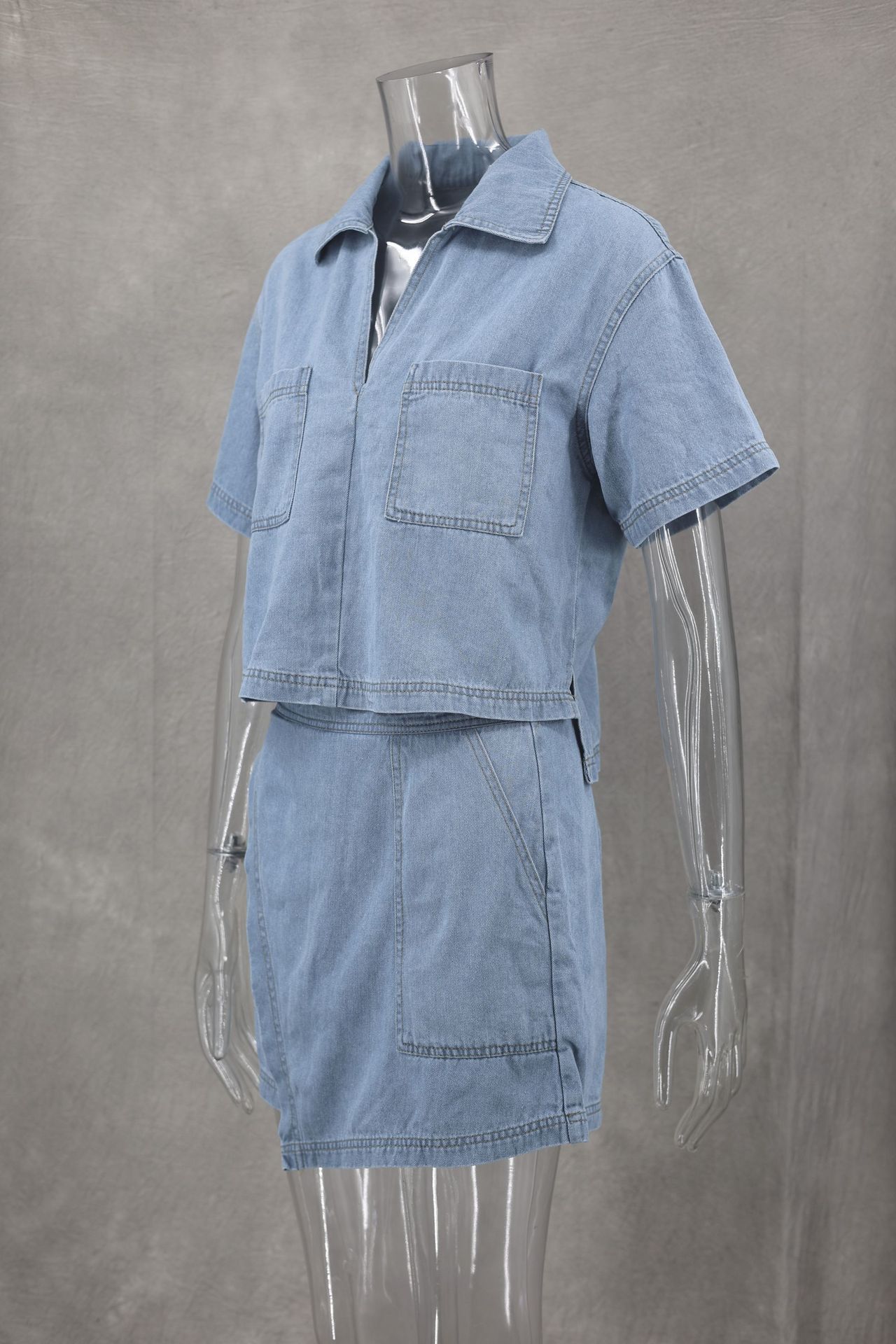 Comfort Casual Denim Women Summer Loose Slimming Polo Short Sleeve Shirt Irregular Asymmetric Pantskirt Two Piece Set
