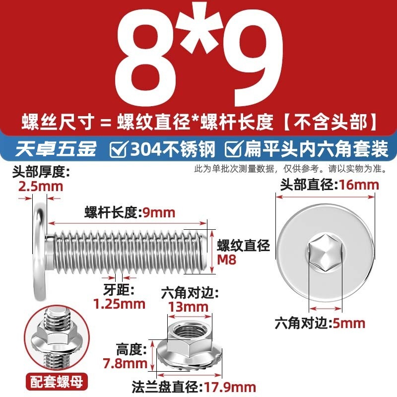 304不锈钢CM大平头超薄头C头扁平头内六角螺丝钉法兰边螺母套装M5|undefined