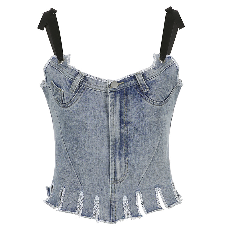 suspender backless low-cut irregular hem slim denim vest NSSSN127824