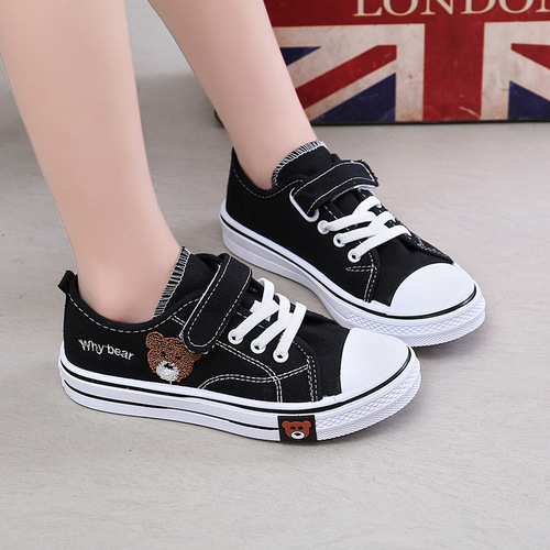 Children's Shoes Foreign Trade  Children's Bear Canvas Shoes Fashion Student White Shoes Boys and Girls Velcro Shoes Wholesale
