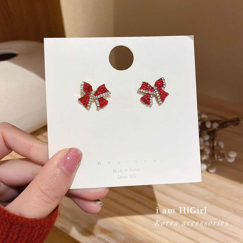 2022年新款红色蝴蝶结耳钉S925银针满钻冷淡风耳饰简约小巧耳环女