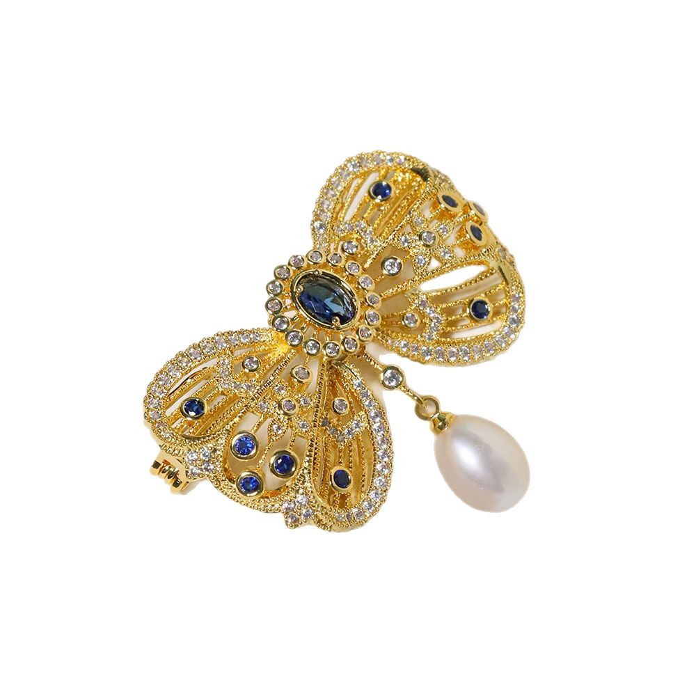 Retro corte dorado broche de mariposa cristal azul zircon elegante flores pectoral de perlas naturales de alta calidad joyas regalo