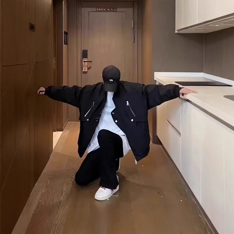 American-style Bomber Jacket Coat Boyfriend Style Black High Street Retro Loose All-match Niche Ins Trendy Baseball Suit