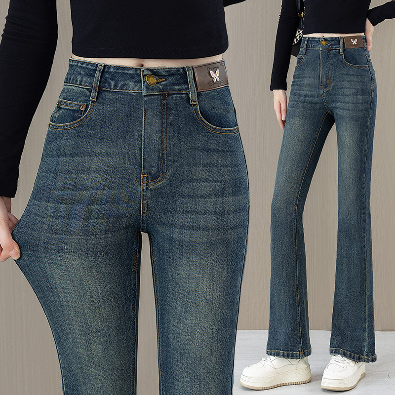 High waist micro-blared jeans for women 2025 spring and autumn new elastic slimming cement gray flared pants for women