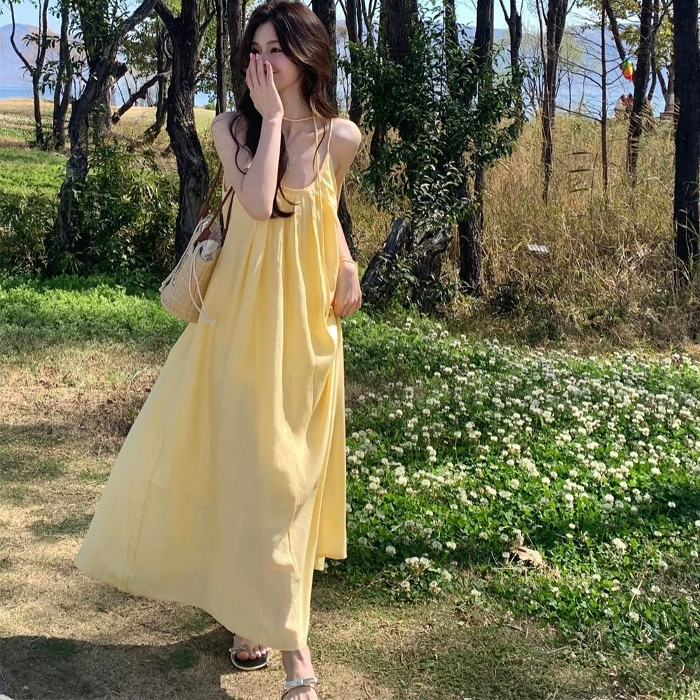 Отдых ветер желтое подтяжка платье женская летняя приморская юбка