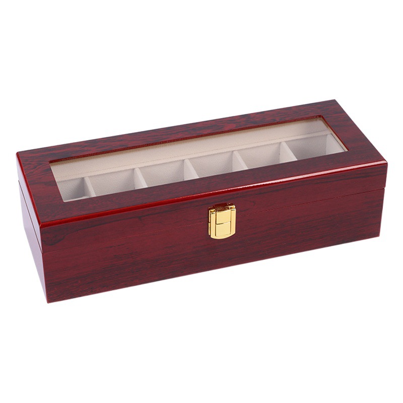 Fábrica en stock Caja de reloj de alto brillo de madera maciza de 6 bits Caja de almacenamiento de reloj de madera de pintura a prueba de polvo de ventana de gama alta de estilo europeo