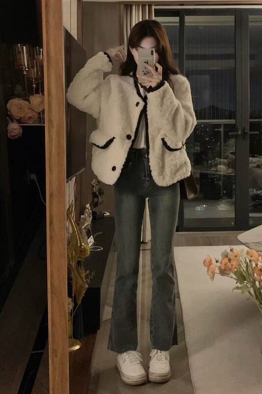 Korean Style Fur Outwear for Women 2023 Winter Environmentally Friendly Short Fur All-In-One Small Fragrance Style High-End Plush Top Cotton Jacket