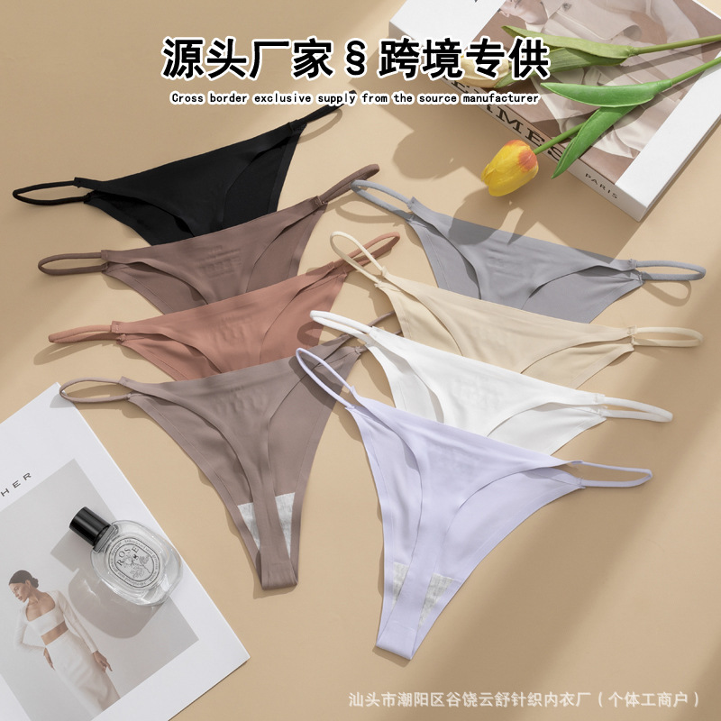 Customized European and American Cross-Border Thong T-Pants Ice Silk Seamless Underwear Women's Thin Straps Large Size Export Sexy