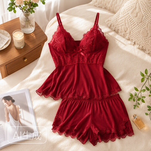 M 30630 Lace Trim Camisole Shorts Pajama Set �ٽz����˯���b