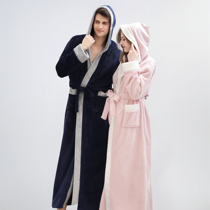 Autumn and winter flannel nightgown hooded bathrobe coral fleece men's thickened long couple bathrobe ladies wholesale