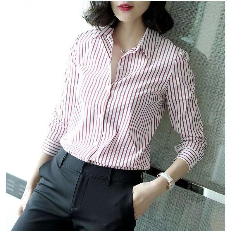 Spring and Autumn New Striped Shirt Women's Long-sleeved Commuter Slim-fit Design Top-grade Women's Shirt All-match Western-style Top