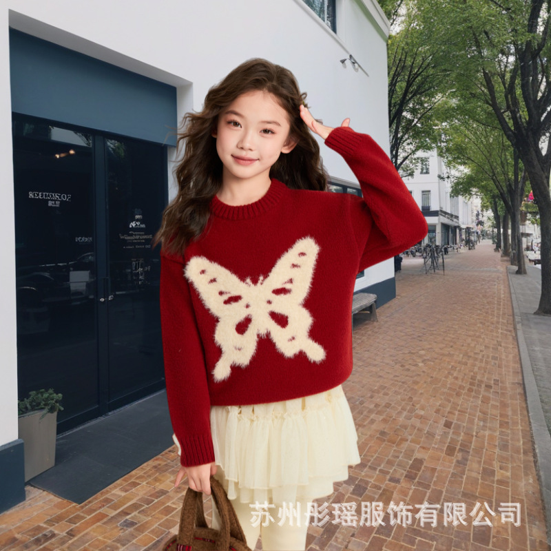 女童毛衣2026冬装韩系新款红色加厚洋气蝴蝶结圆领拜年服冬季上衣