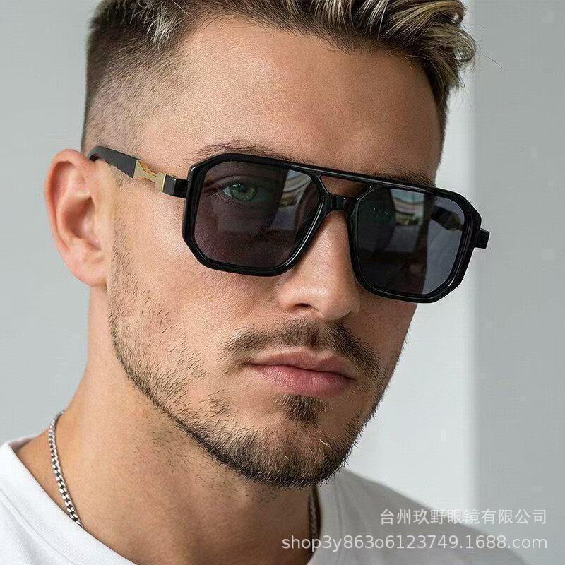 Cross-border retro square-frame sunglasses for men and women, European and American double-bridge sunglasses, trendy fashion accessory eyeglass frames wholesale
