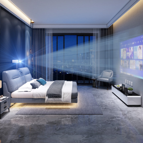 Modern Minimalist Leather Bed with Multifunctional Projector and Speaker, USB Charging, Smart Bed, Small House Living Room Floating Bed