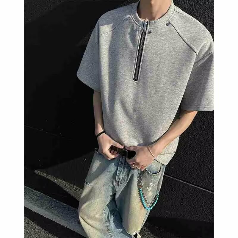 Summer Heavyweight T-Shirt Men's Rivet Zipper Cleanfit Design Short-Sleeved High Street Shoulder Pads Loose Half-Sleeved Versatile Trendy