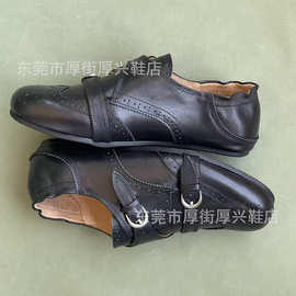 薄底雕花黑色双扣皮带搭扣两穿可踩跟小皮鞋英伦风巴洛克奶奶女鞋