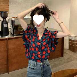 花衬衫女装复古港味夏季2026新款设计感飞飞袖西装领别致外穿上衣
