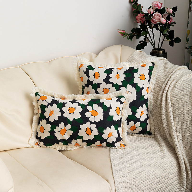 European and American style around tassel edge decorative plant flower cotton linen printed pillowcase home decoration sofa cushion cover_voghion.com