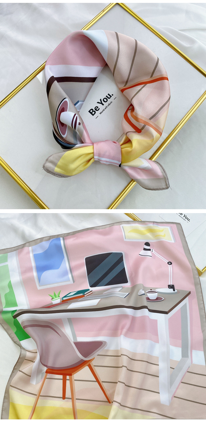 40g Weight Silk Scarf Classification Travel Occasion Unisex Gender Printing Design Sweet Style Coffee, Purple, Red, Green, Blue, Camel, Yellow Color Wholesale Fashion Contrast Color Printing Small Square Scarf 5