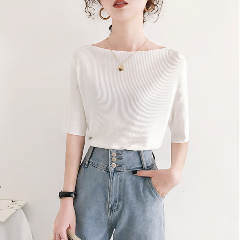 One-Line Neckline Hollow-Out Short-Sleeve T-Shirt, New Summer Knit Top, Ice Silk Versatile One-Line Neckline Hollow-Out Short-Sleeve T-Shirt, New Summer Knit Top, Ice Silk Versatile