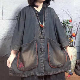 大码女装2026春款外套复古V领大口袋牛仔宽松大版中长款牛仔外套