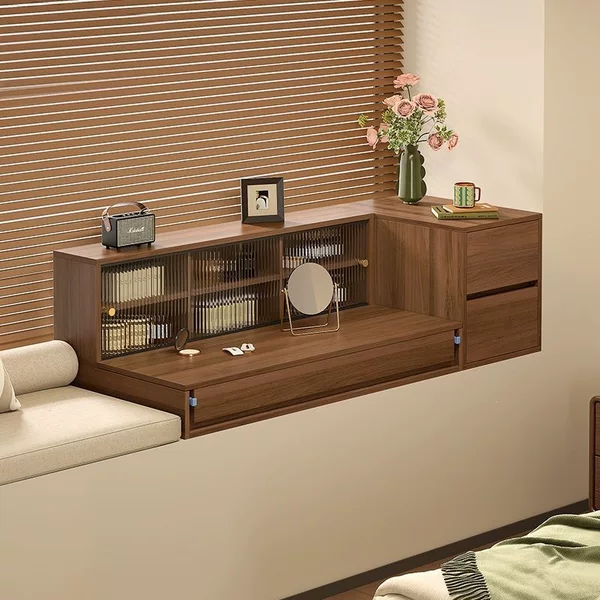Medieval-Style Solid Wood Bay Window Desk, Extendable, 2026 New Model, Integrated Vanity Table and Storage Cabinet, Bay Window Storage Cabinet