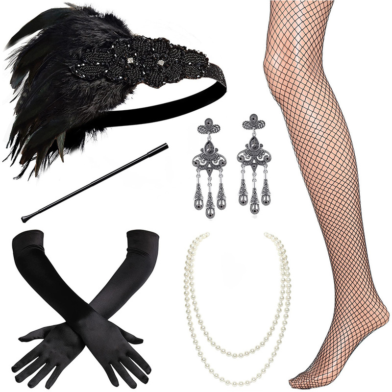 1920sフラッパーガールドレスハロウィーン衣装手袋シガレットネックレスヘッドバンドファー5点セット|undefined