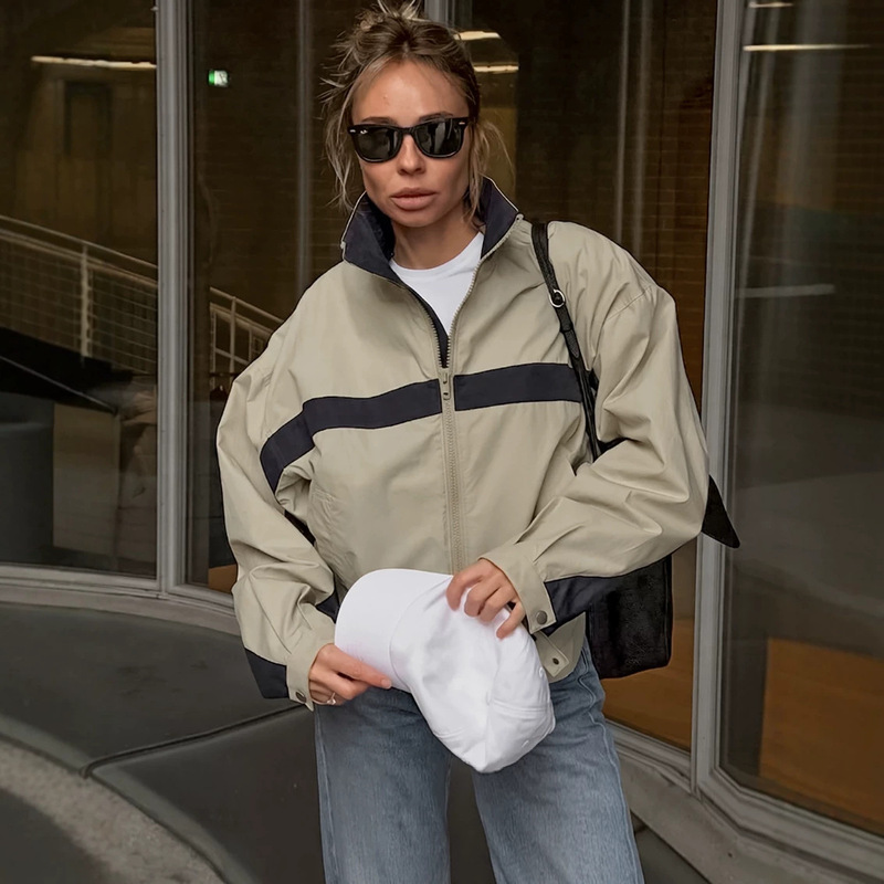 2026 Foreign Trade Spring and Summer Color-Blocking Stand-Collar Baseball Jacket for Women, New American Retro Loose Casual Jacket 2026 Foreign Trade Spring and Summer Color-Blocking Stand-Collar Baseball Jacket for Women, New American Retro Loose Casual Jacket
