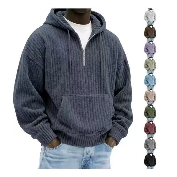 Cross-border European and American best-selling new heavyweight corduroy men's hoodie, solid color casual loose-fit zip-up men's sweatshirt