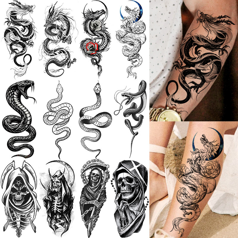 Cross-Border Black and White Snake Dragon Skull Tattoo Stickers Waterproof Temporary Tattoo Stickers for Arms and Legs Temu European and American Tattoo