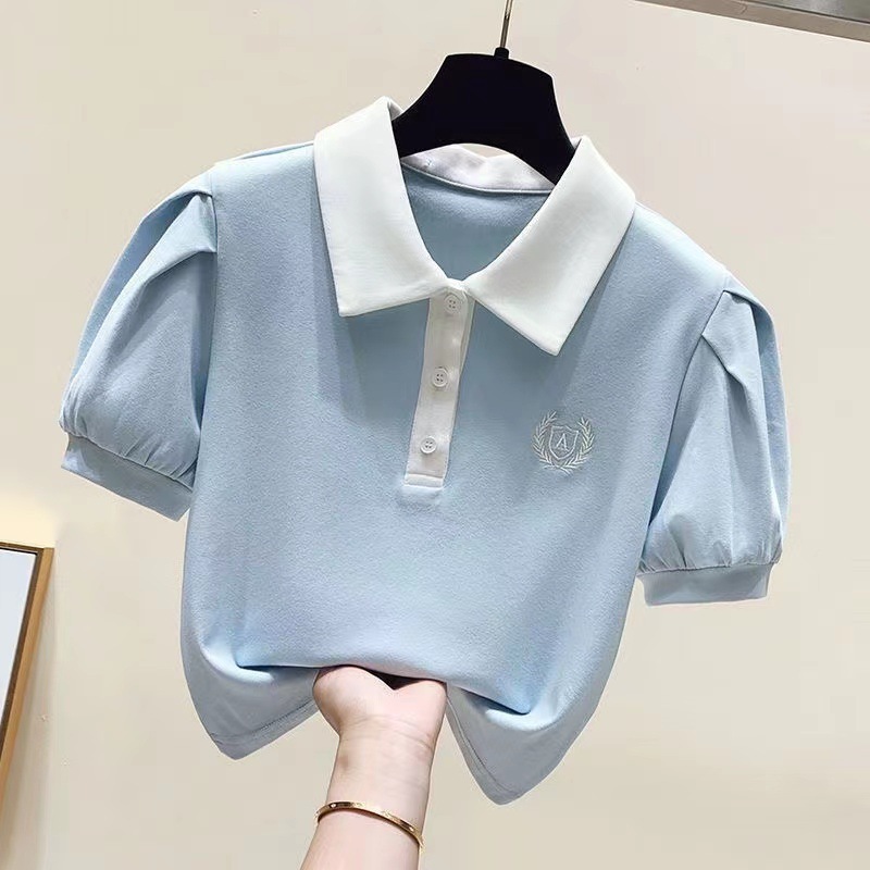 女童polo领短袖2025新款夏季棉拼色短袖T恤学院风泡泡袖薄款潮t