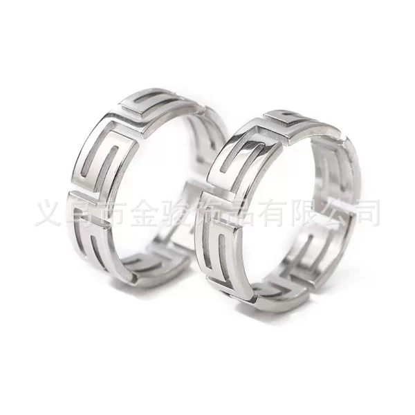 Trendy Men's Titanium Steel Great Wall Pattern Ring Stainless Steel Hollow Palindromic Geometric Hip-Hop Ring Pair Jewelry Minimalist Style