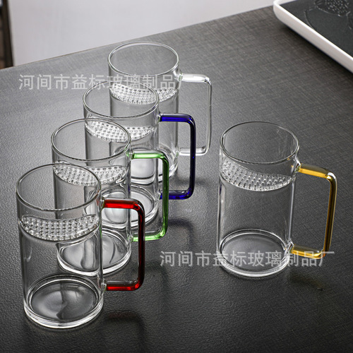 Thickened heat-resistant glass cup with five colors, round mouth with built-in filter, crescent cup, milk juice tea cup, office cup
