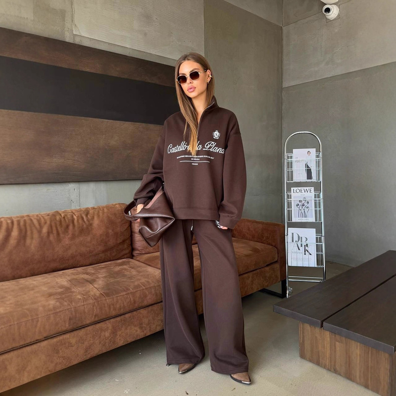 Amazon Cross-Border Letter Print High-End Half-Zip Sweatshirt Loose Straight Casual Pants Fashion Suit for Women