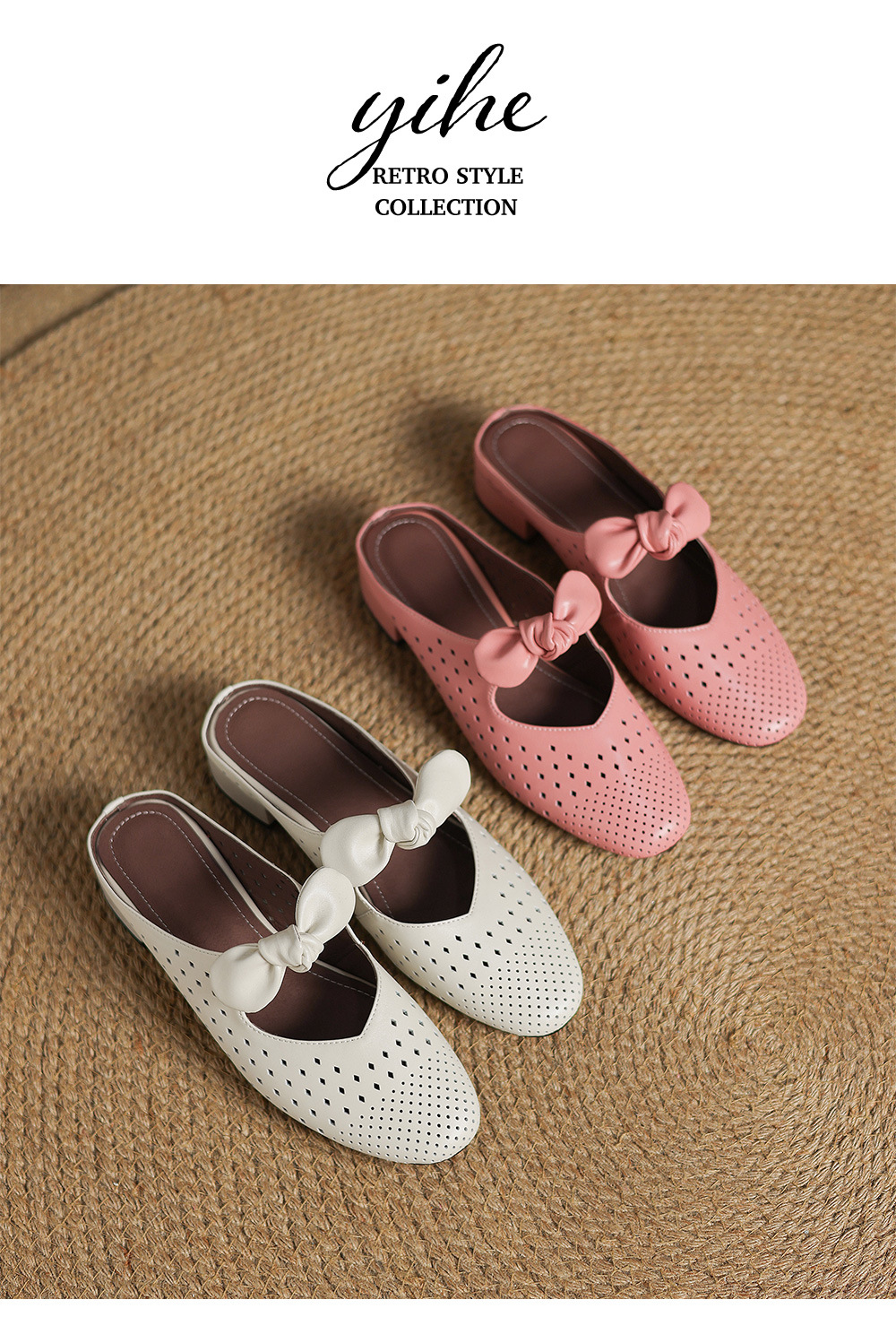 Dép sandal nữ da bò đục lỗ mũi kín quai hậu gót thấp — Màu hồng chi tiết 16