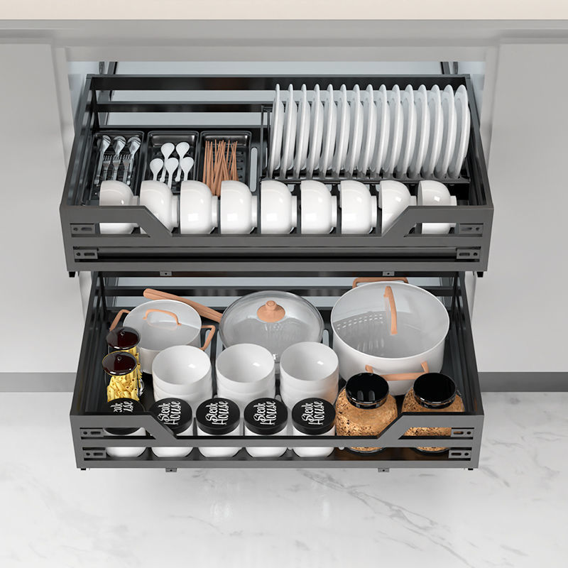 Cesta negra 304, amortiguador de amortiguación de acero inoxidable, canasta de armario, estante para cajones, canasta para platos de cocina de doble capa al por mayor