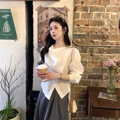 烟雾公子  韩系荡领原创设计白衬衣气质不规则斜襟系带收腰上衣