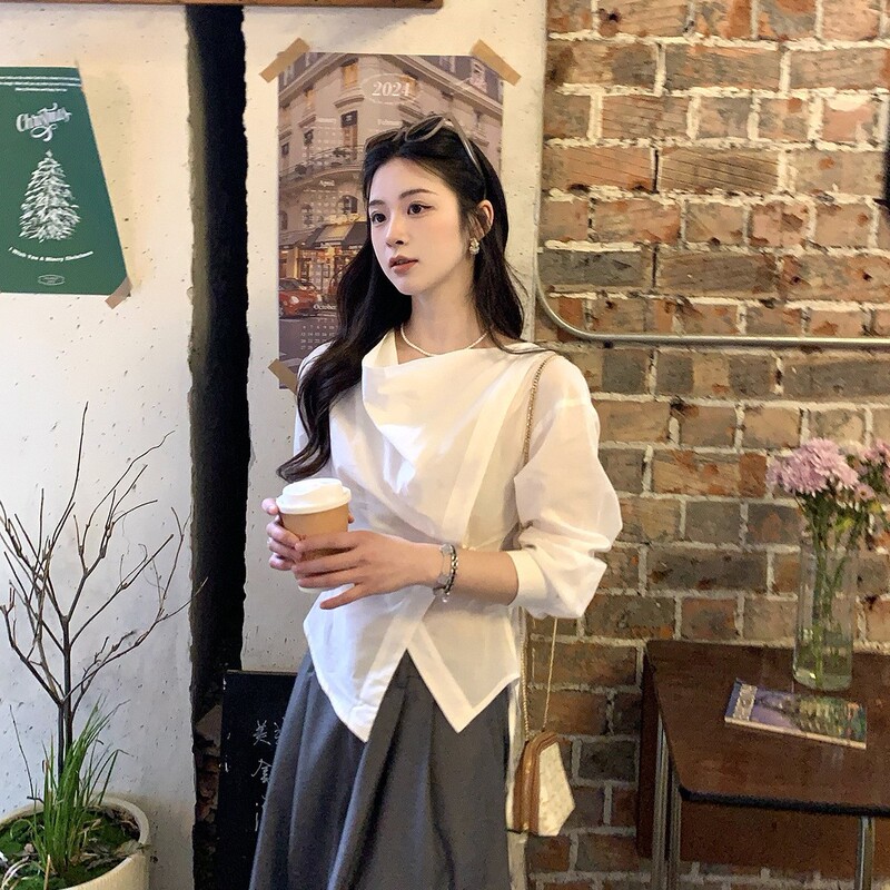 烟雾公子  韩系荡领原创设计白衬衣气质不规则斜襟系带收腰上衣|undefined