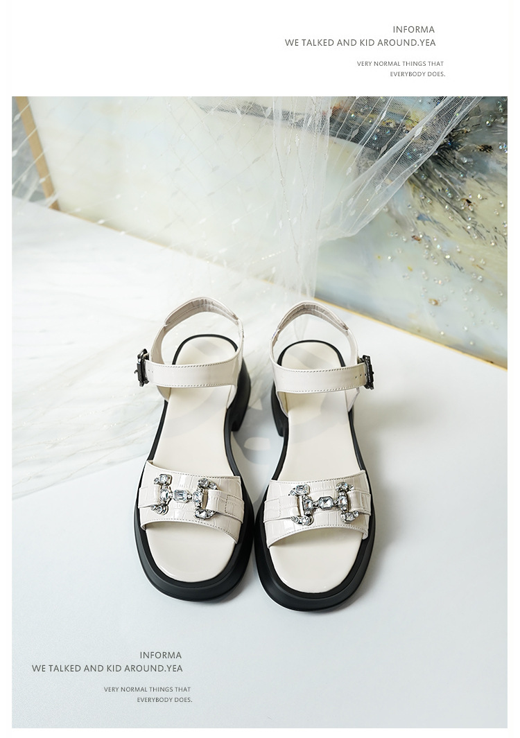 Sandal cao gót nữ da bò đế dày quai ngang đính đá — màu đen chi tiết 24